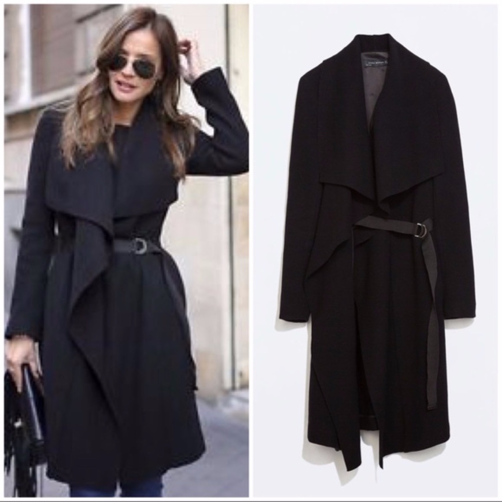Zara Woman black tie waist drape coat